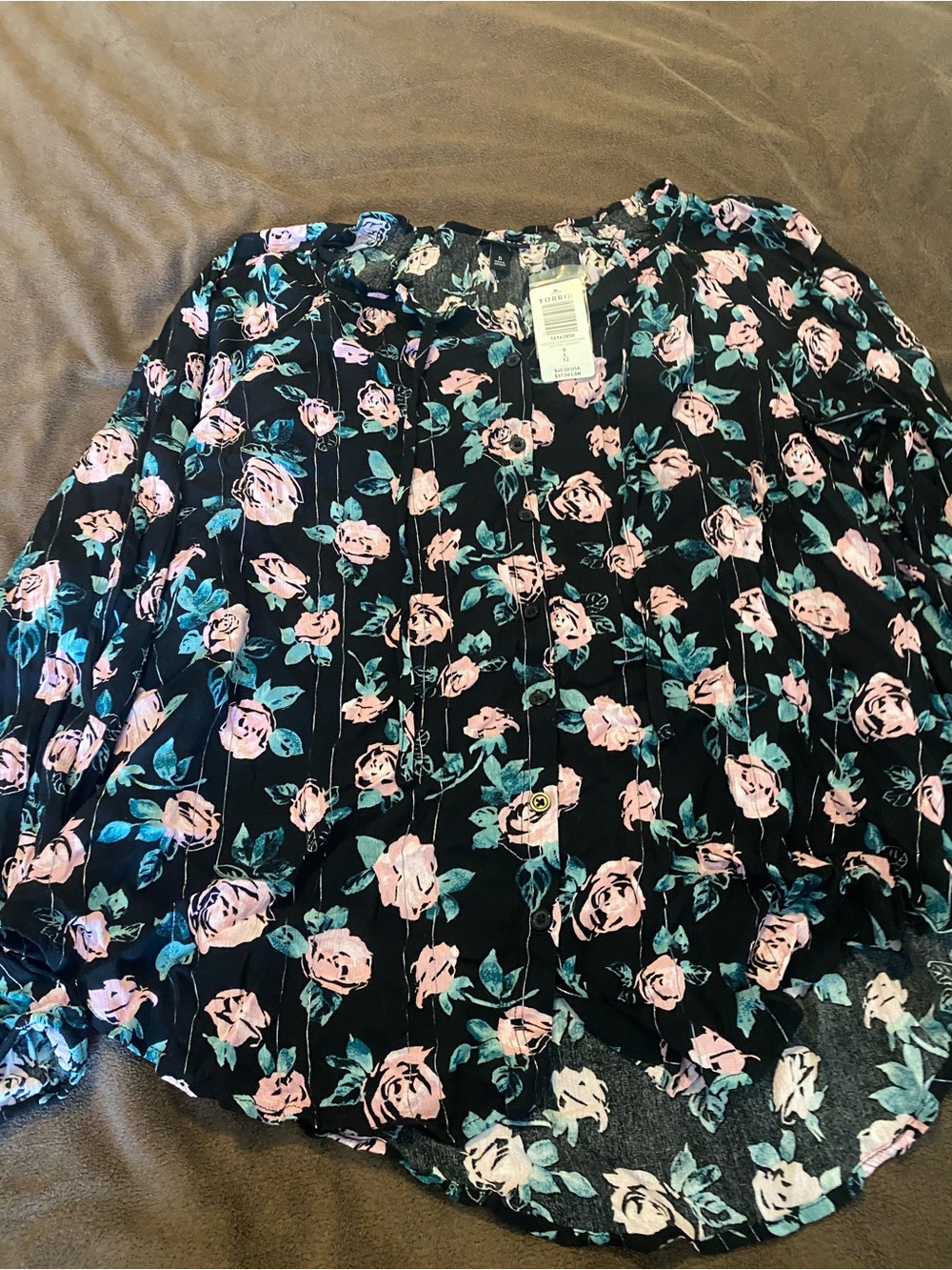torrid Black Blouse with Pink Rose Print